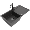 Mexen Leo granito plautuvė su viena kamera, nuotekamu ir virtuvės čiaupu Carla, juoda su dėmėmis - 6501-76-670700-70-B
