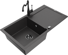 Mexen Leo granito plautuvė su viena kamera, nuotekamu ir virtuvės čiaupu Carla, juoda su dėmėmis - 6501-76-670700-70-B