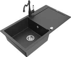 Mexen Leo granitinė vienos kameros kriauklė su nuvarvėjimo lentynėle ir Carla virtuviniu maišytuvu, išmargintas juodai