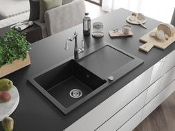 Mexen Leo granitinė kriauklė su vienu dubeniu ir nutekėjimu bei virtuviniu maišytuvu Carla, juoda - 6501-77-670700-00