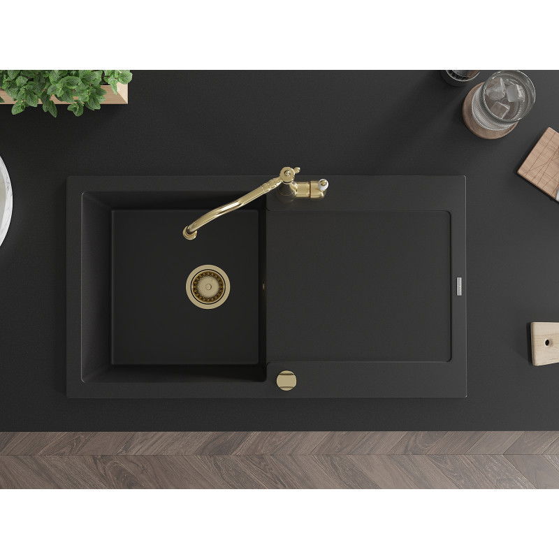 Mexen Leo granitinis virtuvės kriauklės komplektas su indaplove ir virtuviniu maišytuvu Carla, juoda - 6501-77-670700-50