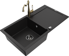Mexen Leo granitinė vienos kameros plautuvė su nusausinimo zona ir virtuviniu maišytuvu Carla, juoda - 6501-77-670700-50-B