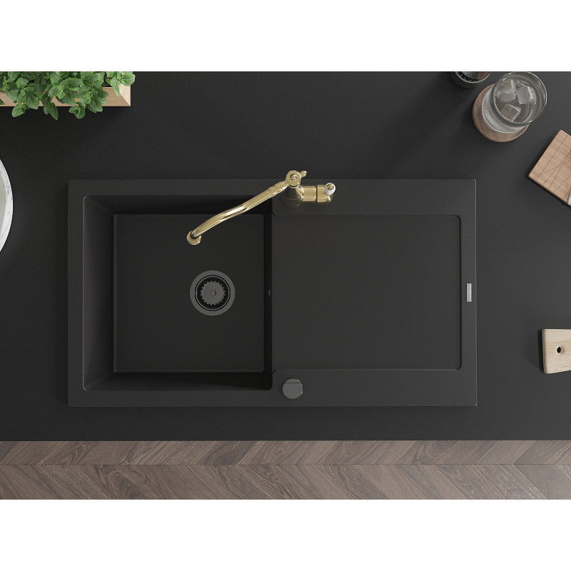 Mexen Leo granitinė vienos kameros plautuvė su nusausinimo zona ir virtuviniu maišytuvu Carla, juoda - 6501-77-670700-50-B