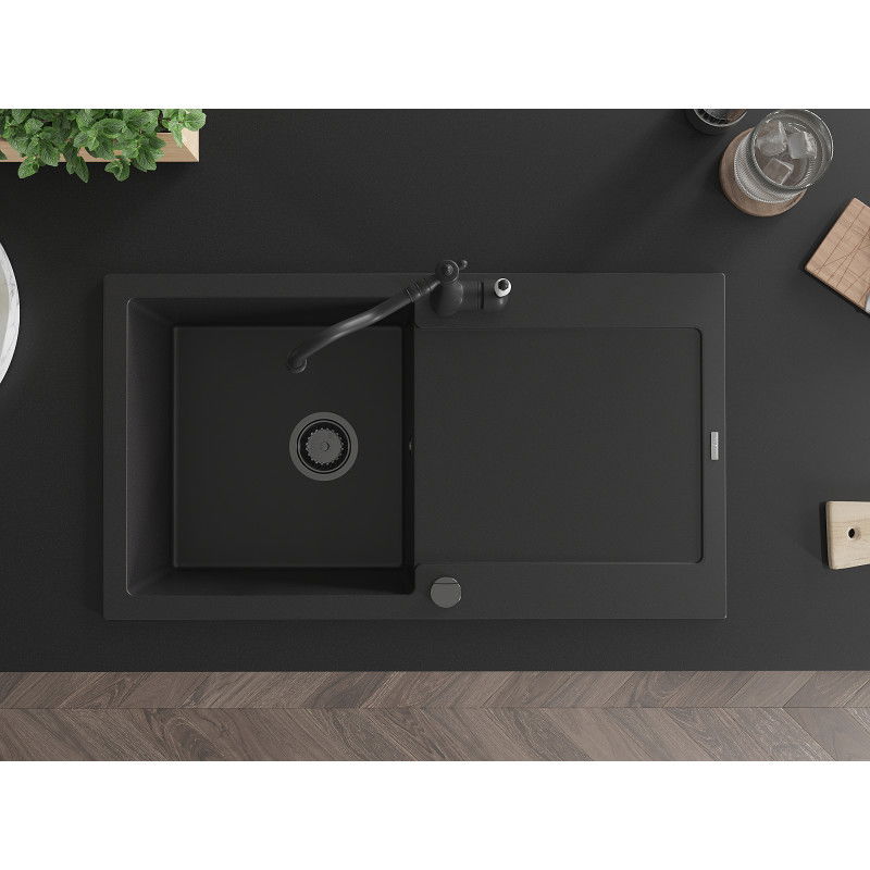 Mexen Leo granito plautuvė su viena kamera, nusausintuvu ir Carla virtuviniu maišytuvu, juoda - 6501-77-670700-70-B