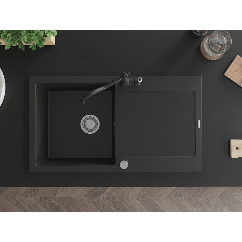 Mexen Leo granito plautuvė vienos sekcijos su nusausintuvu ir CARLA virtuvės maišytuvu, juodas - 6501-77-670700-70