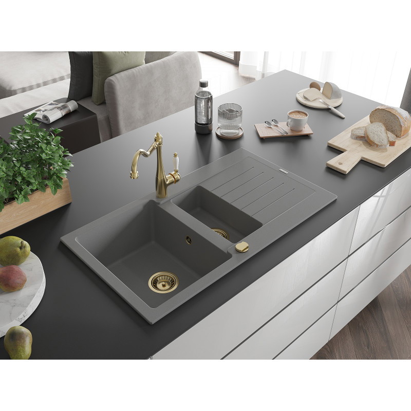 Mexen Matias granitinė 1,5 kamerų plautuvė su nutekamuoju stalu ir virtuviniu maišytuvu Carla, pilka - 6502-71-670700-50