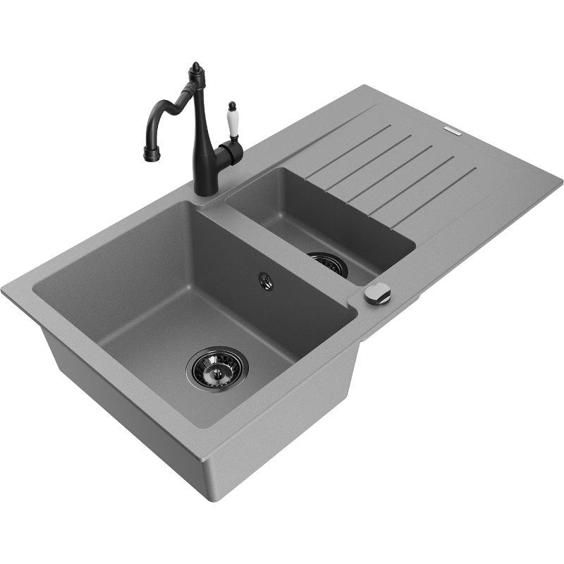 Mexen Matias granito plautuvė 1,5 sekcijų su nuvarvėjimu ir virtuviniu maišytuvu Carla, pilka - 6502-71-670700-70-B