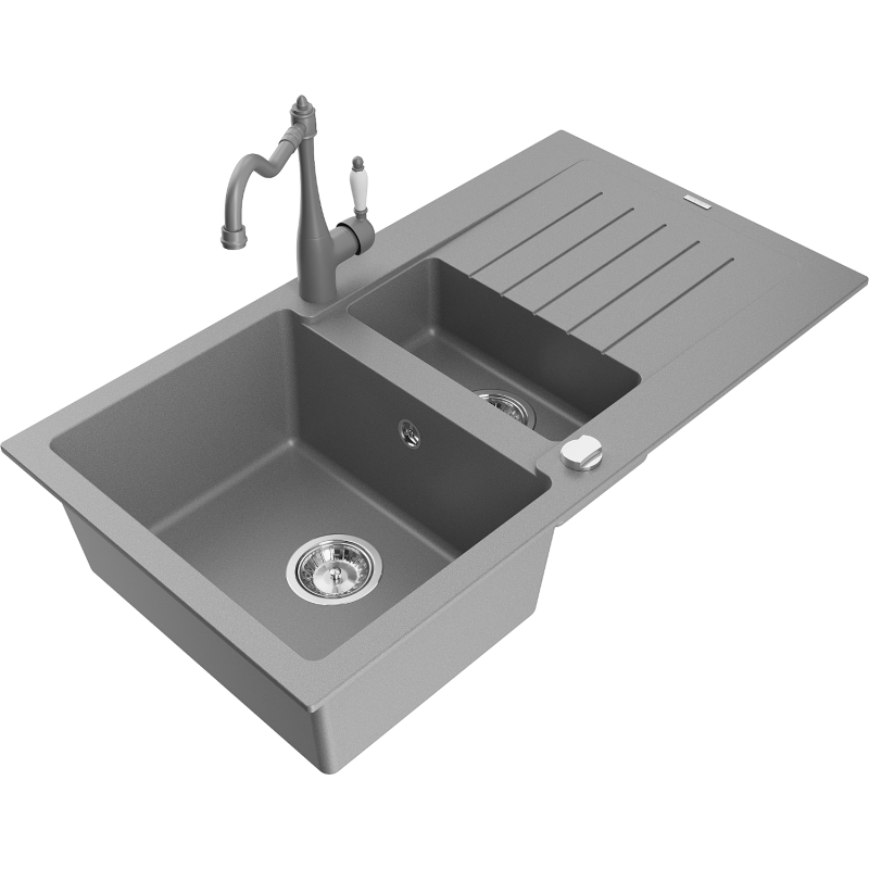 Mexen Matias granitinė 1,5 skylių kriauklė su nutekėjimo lenta ir virtuviniu maišytuvu Carla, pilka - 6502-71-670700-71