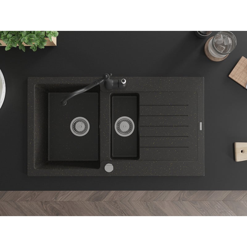 Mexen Matias granitinė plautuvė 1,5 skylių su nusausintuvu ir virtuviniu maišytuvu Carla juoda/auksinė metalo spalva