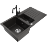 Mexen Matias granitinė plautuvė 1,5 skylių su nusausintuvu ir virtuviniu maišytuvu Carla juoda/auksinė metalo spalva