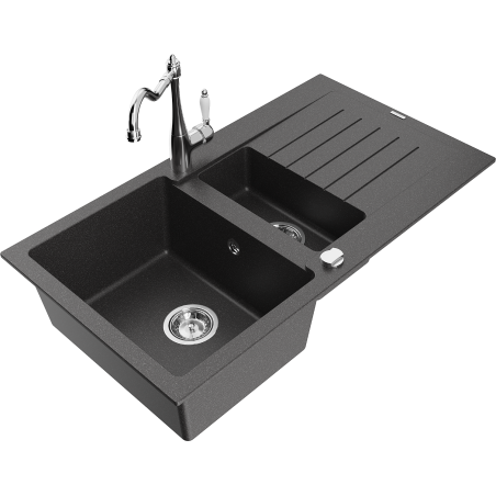 Mexen Matias granitinė vienos su puse kameros plautuvė su nusausintuvu ir virtuvės maišytuvu Carla, juoda su taškeliais