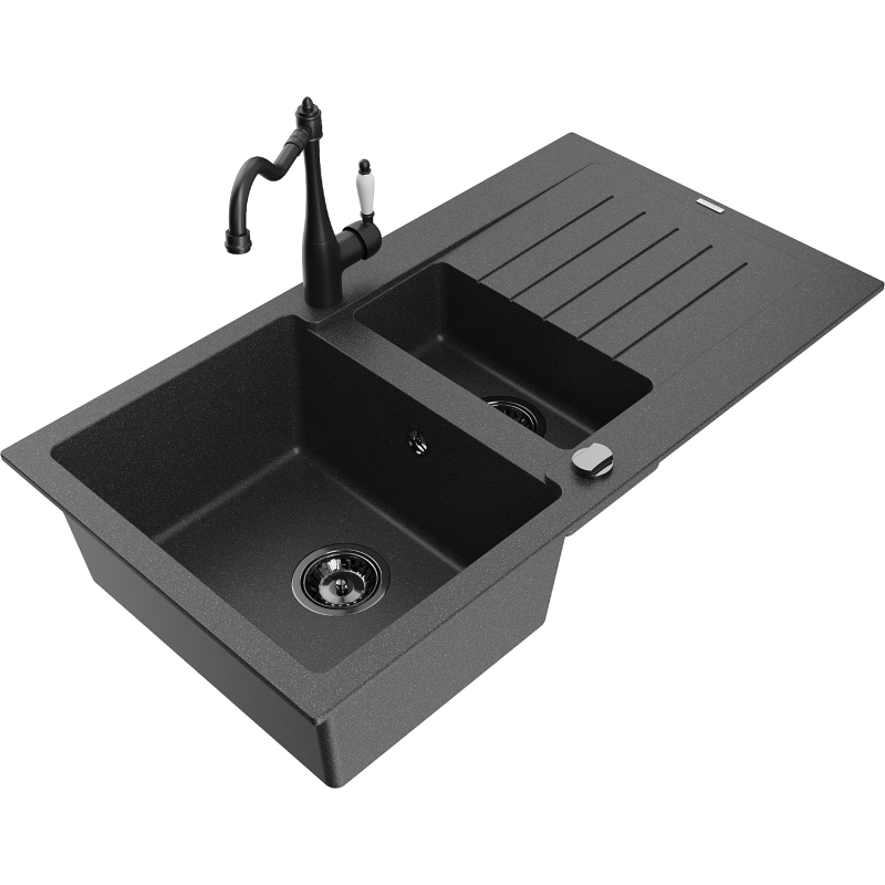 Mexen Matias granito kriauklė 1,5 kameros su lašintuvu ir virtuviniu maišytuvu Carla, juoda dėmėta - 6502-76-670700-70-B