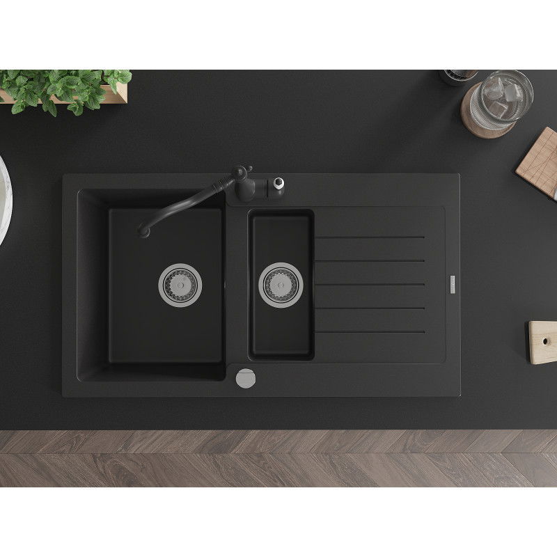 Mexen Matias granito kriauklė 1,5 kamerų su nutekėjimu ir virtuvės maišytuvu Carla, juoda - 6502-77-670700-70