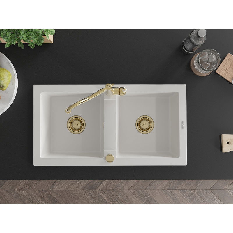 Mexen Mario granitinė 2 skyrių plautuvė su virtuviniu maišytuvu Carla, balta - 6504-20-670700-50