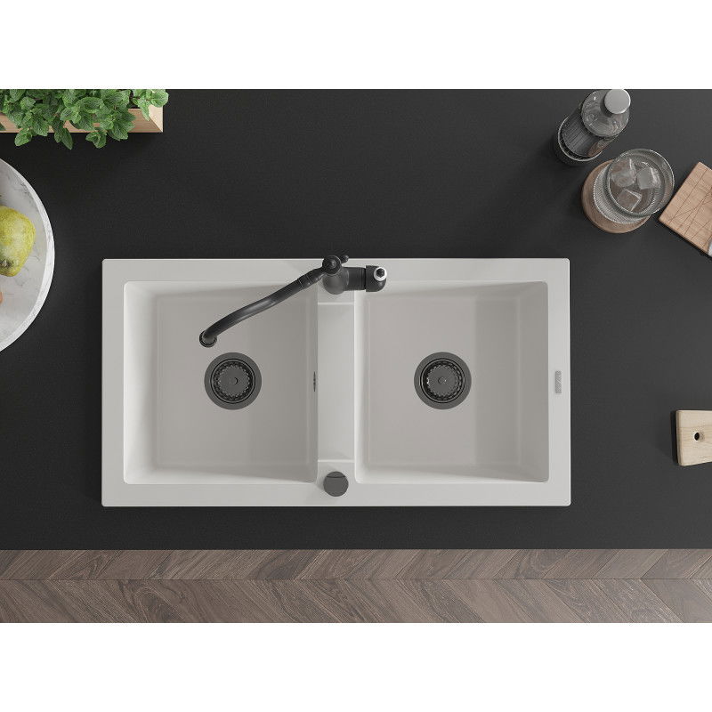 Mexen Mario granitinis dviejų skyrių plautuvas su virtuviniu maišytuvu Carla, baltas - 6504-20-670700-70