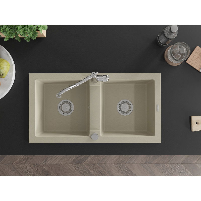 Mexen Mario granitinis dviejų kamerų plautuvas su virtuviniu maišytuvu Carla, smėlio spalvos - 6504-69-670700-00