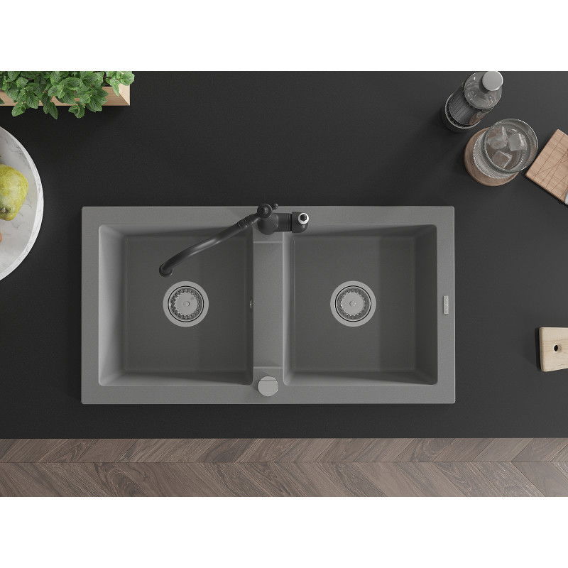 Mexen Mario granitinis dviejų dalių virtuvės kriauklė su Carla maišytuvu, pilkas - 6504-71-670700-70