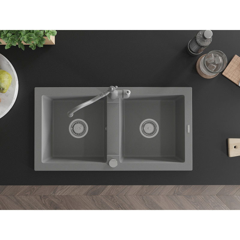 Mexen Mario granito plautuvė 2-jų skyrelių su virtuvės maišytuvu Carla, pilka - 6504-71-670700-71