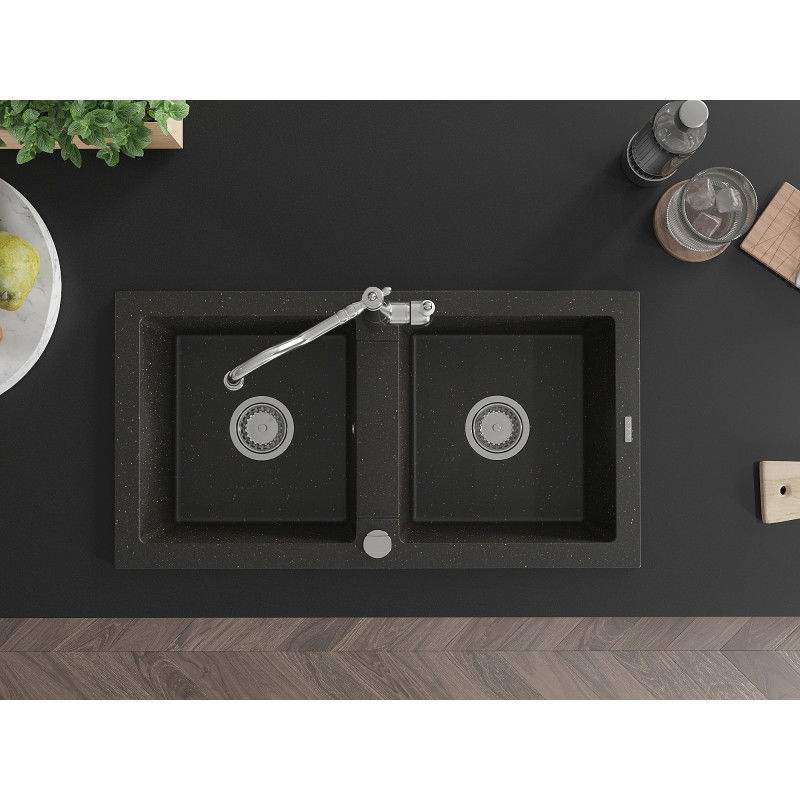 Mexen Mario granitinė dviejų skyrių kriauklė su virtuviniu maišytuvu Carla, juodas/auksinis metalikas - 6504-75-670700-00
