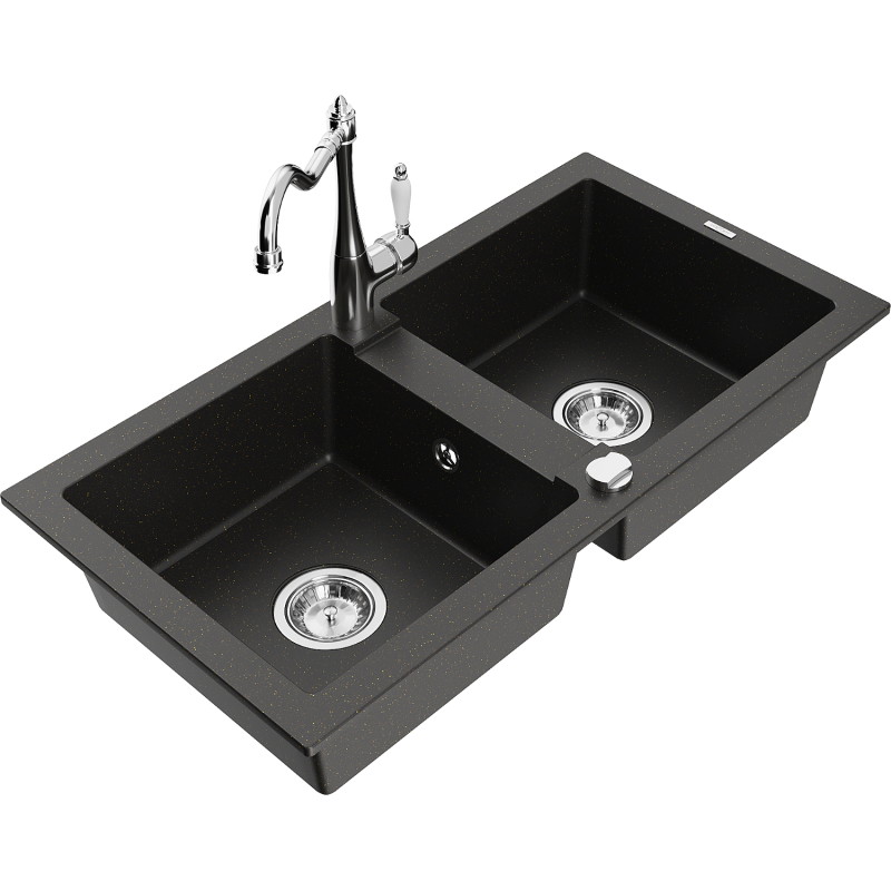 Mexen Mario granitinė dviejų skylių plautuvė su Carla virtuviniu maišytuvu, juodas/auksinis metalikas - 6504-75-670700-00
