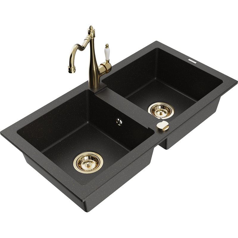 Mexen Mario granitinė dviejų skylių virtuvės plautuvė su maišytuvu Carla, juoda/aukso metalikas - 6504-75-670700-50