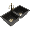 Mexen Mario granitinė dviejų skylių virtuvės plautuvė su maišytuvu Carla, juoda/aukso metalikas - 6504-75-670700-50