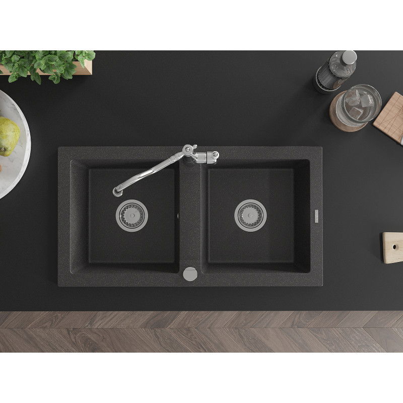Mexen Mario granitinė dviejų skyrių plautuvė su virtuviniu maišytuvu Carla, juoda su dėmelėmis - 6504-76-670700-00