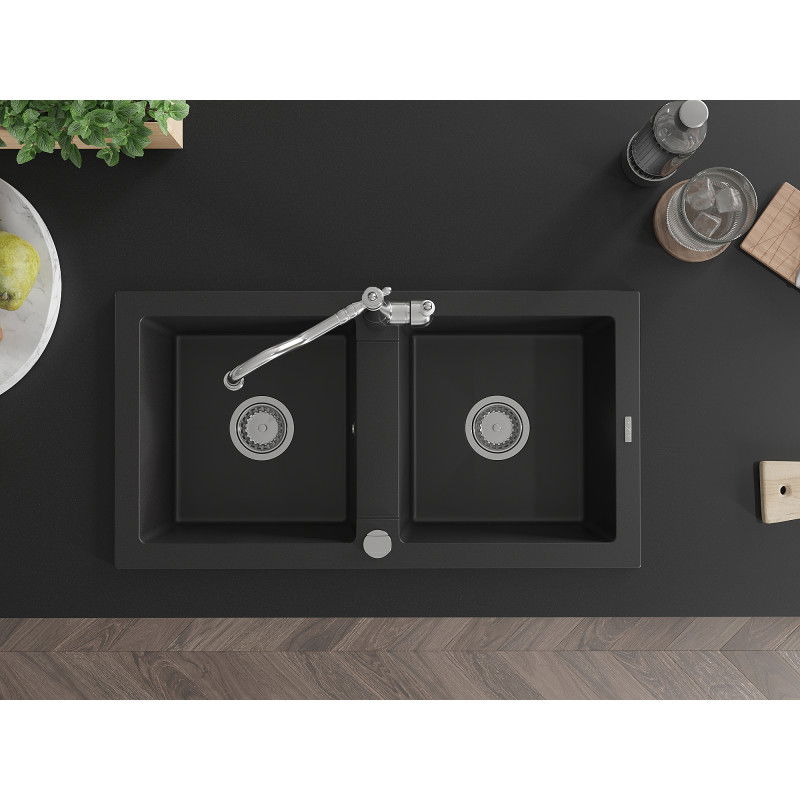 Mexen Mario granitinis dviejų skyrių virtuvės kriauklė su Carlai virtuvės maišytuvu, juoda - 6504-77-670700-00