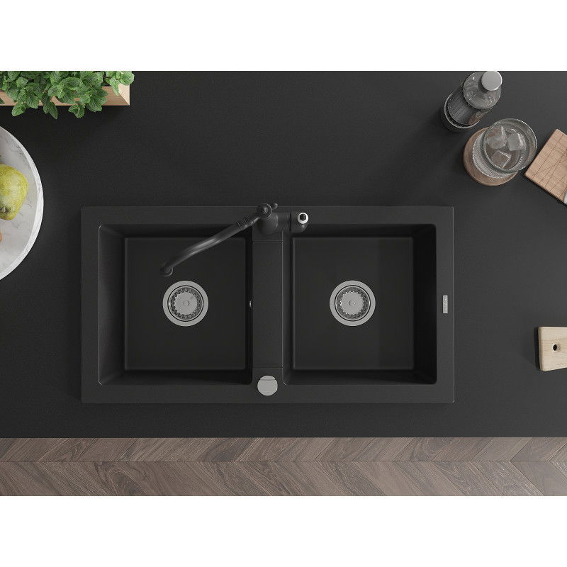 Mexen Mario granitinė dviejų kamerų plautuvė su virtuviniu čiaupu Carla, juodas - 6504-77-670700-70