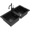 Mexen Mario granito kriauklė, 2-jų dalių, su virtuviniu maišytuvu Carla, juoda - 6504-77-670700-70-B