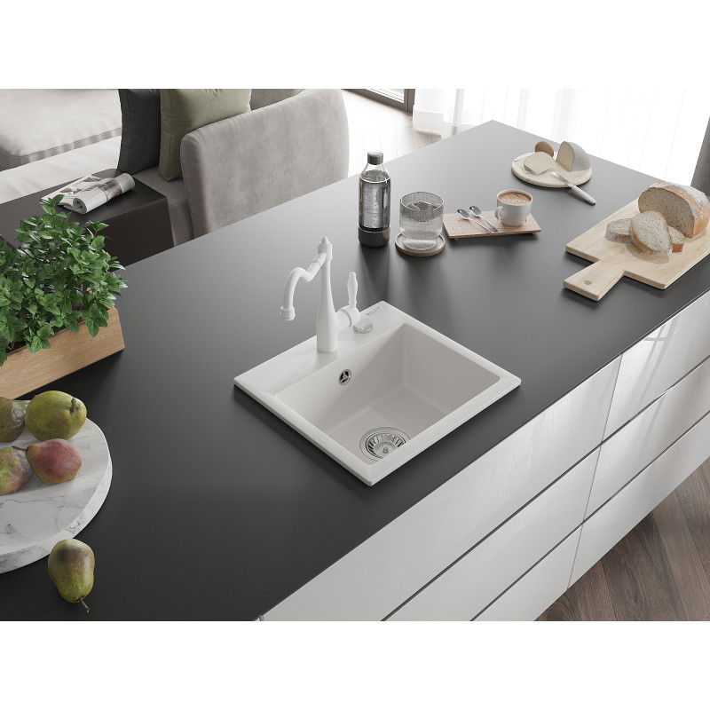 Mexen Milo 1 kojelės granitinis kriauklė su virtuviniu maišytuvu Carla, baltas - 6505-20-670700-20