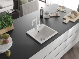 Mexen Milo 1 kojelės granitinis kriauklė su virtuviniu maišytuvu Carla, baltas - 6505-20-670700-20