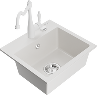 Mexen Milo 1 kojelės granitinis kriauklė su virtuviniu maišytuvu Carla, baltas - 6505-20-670700-20