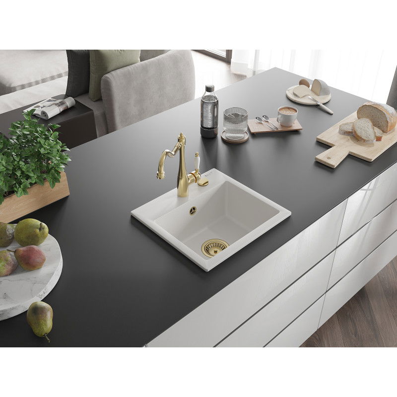 Mexen Milo vienos dalies granito virtuvės kriauklė su Carla maišytuvu, balta - 6505-20-670700-50