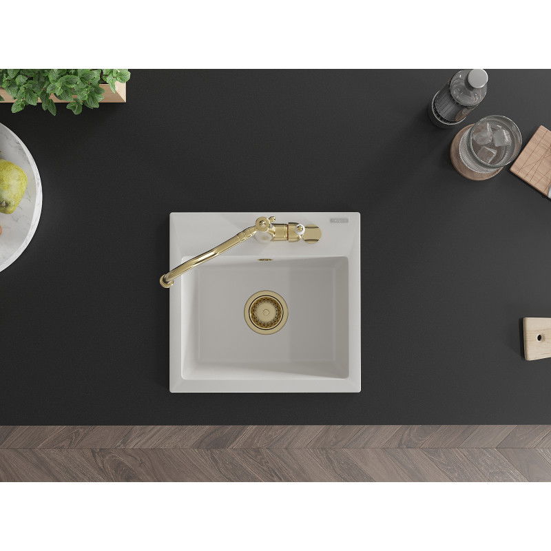 Mexen Milo vienos dalies granito virtuvės kriauklė su Carla maišytuvu, balta - 6505-20-670700-50