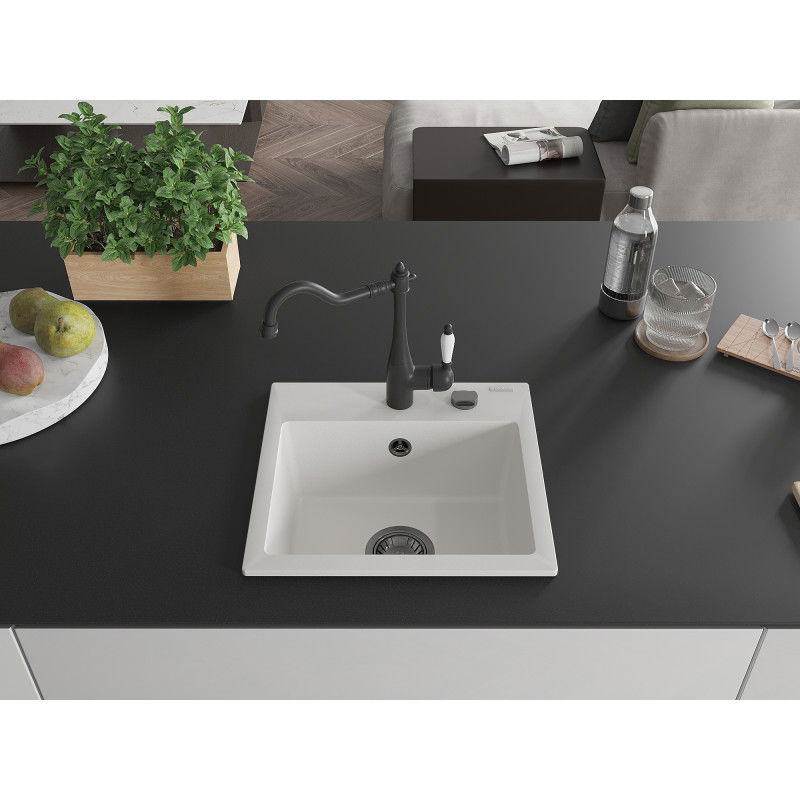Mexen Milo 1 kambario granitinė virtuvės plautuvė su virtuvės maišytuvu Carla, balta - 6505-20-670700-70