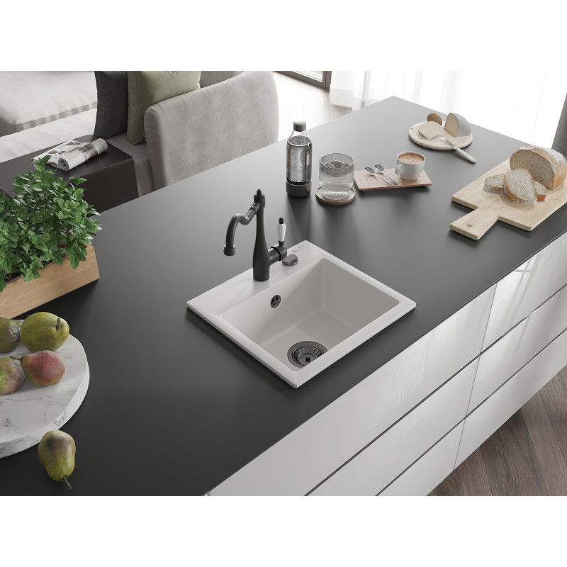 Mexen Milo 1 kambario granitinė virtuvės plautuvė su virtuvės maišytuvu Carla, balta - 6505-20-670700-70