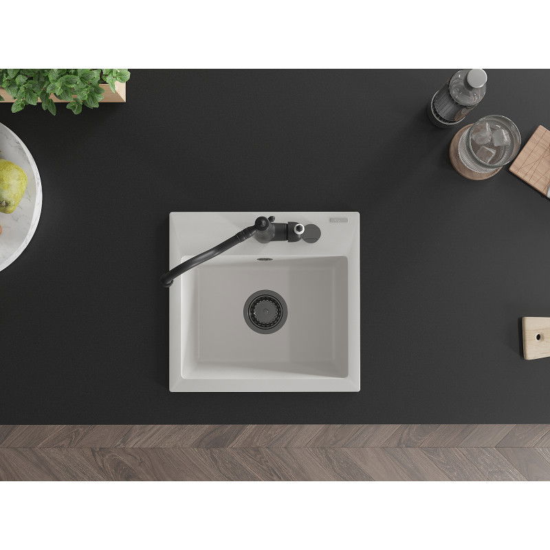 Mexen Milo 1 kambario granitinė virtuvės plautuvė su virtuvės maišytuvu Carla, balta - 6505-20-670700-70