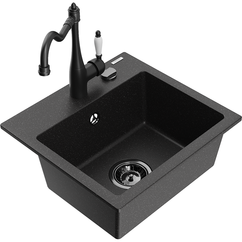 Mexen Milo granitinė vienos kameros plautuvė su virtuvės maišytuvu Carla, juoda/sidabro metalo spalvos - 6505-73-670700-70-B