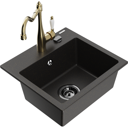 Mexen Milo vienos kameros granito kriauklė su Carla virtuviniu maišytuvu, juoda/auksinė metalika - 6505-75-670700-50-B