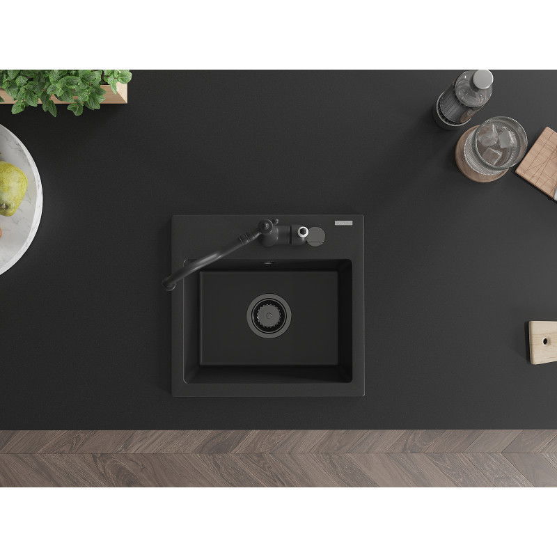 Mexen Milo granitinis kriauklė su 1 kameru ir virtuvės maišytuvu Carla, juodas - 6505-77-670700-70-B