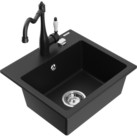 Mexen Milo granito kriauklė su viena kamera ir virtuviniu maišytuvu Carla, juoda - 6505-77-670700-70