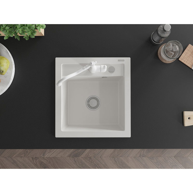 Mexen Vito vienos dubens granitinė plautuvė su virtuviniu maišytuvu Carla, balta - 6503-20-670700-20