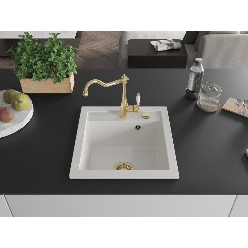 Mexen Vito granitinė vienos kameros plautuvė su virtuviniu maišytuvu Carla, balta - 6503-20-670700-50