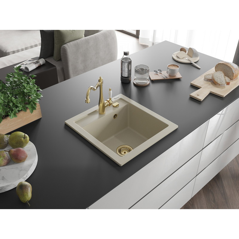Mexen Vito 1-kompartmento granitinė virtuvės kriauklė su virtuviniu maišytuvu Carla, smėlinė - 6503-69-670700-50