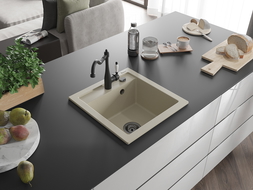 Mexen Vito vienos kameros granitinė kriauklė su virtuviniu maišytuvu Carla, smėlio spalvos - 6503-69-670700-70