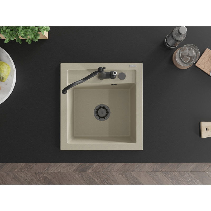 Mexen Vito vienos kameros granitinė kriauklė su virtuviniu maišytuvu Carla, smėlio spalvos - 6503-69-670700-70