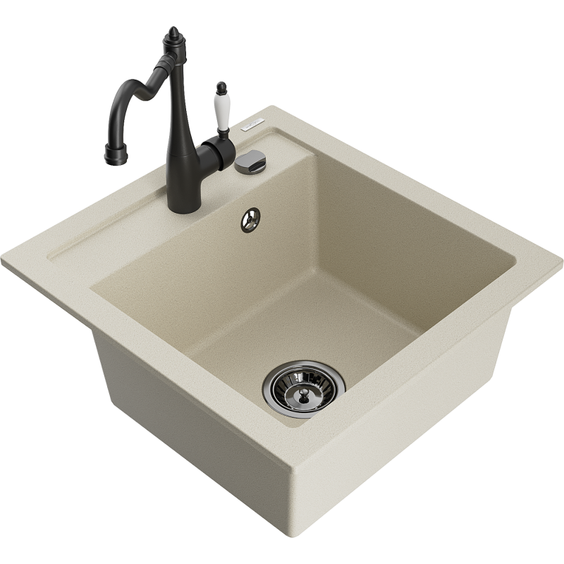 Mexen Vito vienos kameros granitinė kriauklė su virtuviniu maišytuvu Carla, smėlio spalvos - 6503-69-670700-70