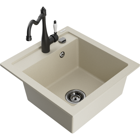 Mexen Vito vienos kameros granitinė kriauklė su virtuviniu maišytuvu Carla, smėlio spalvos - 6503-69-670700-70
