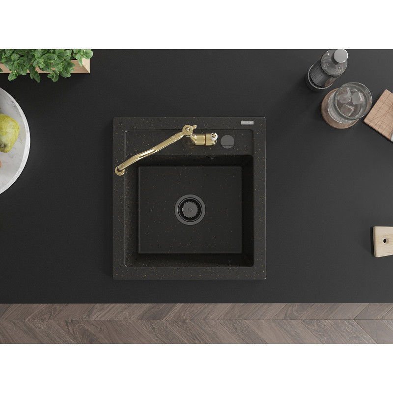 Mexen Vito granitinė vienos kameros kriauklė su virtuvės maišytuvu Carla, juoda/auksinė metalo spalva - 6503-75-670700-50-B